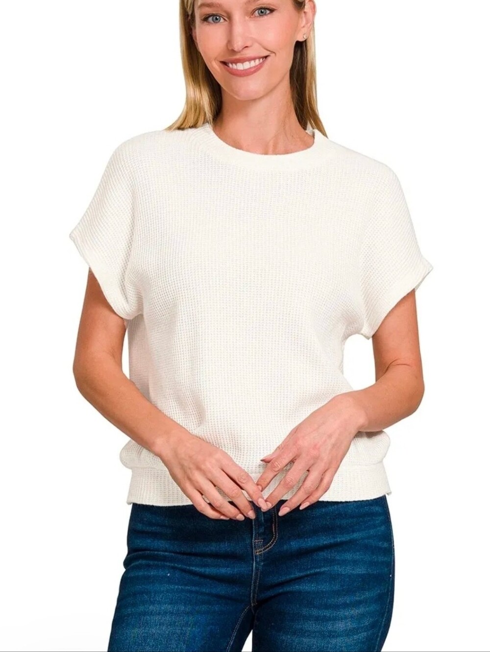 Zenana Round Neck Banded Bottom, Short Sleeve Sweater Off White Color. NWT